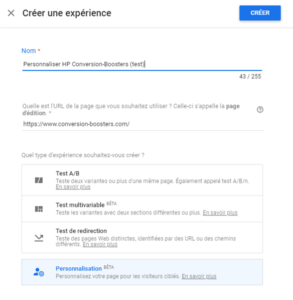 Création AB test personnalisé Google Optimize